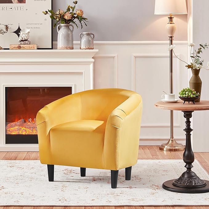 Yaheetech Accent Barrel Chair Velvet Club Chair Furry Sherpa Elegant Armchair with Cozy Soft Padded Suitable for Living Room Bedroom Reception Room Office Yellow