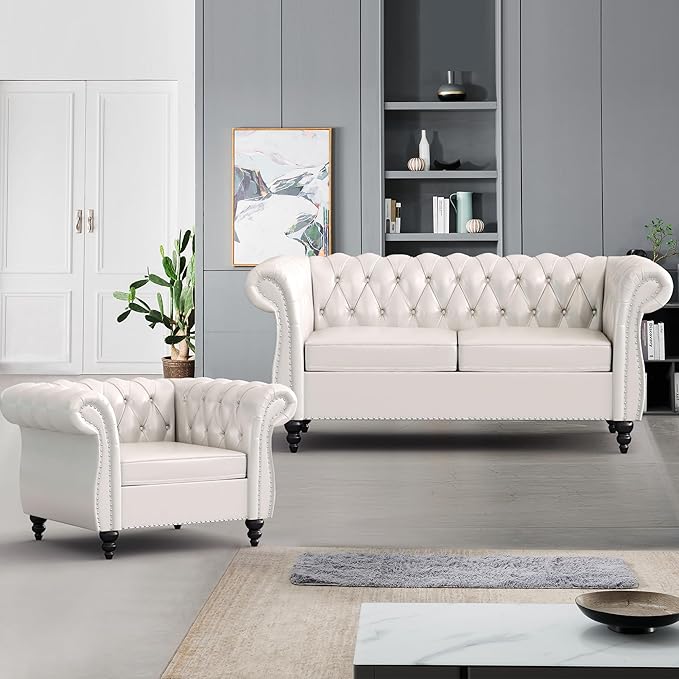 2 Piece Living Room Furniture Set Faux Leather Loveseat and Chair Set Mid Century Modern Upholstered Sofa Couch with Cushions Vintage Comfy Tufted Chesterfield Couches for Bedroom Office (White)