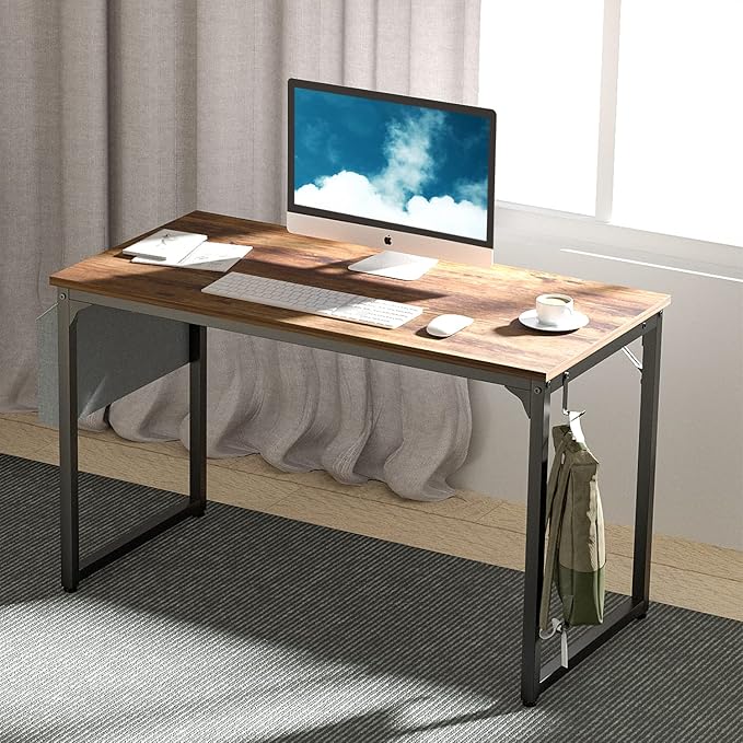 PayLessHere Computer Desk with 2 Shelves 47 in Length Study Writing Table 2-in-1 Large Office Desk with Metal Legs Adjustable feet Modern Furniture for Home Office Study Room-Rustic Brown