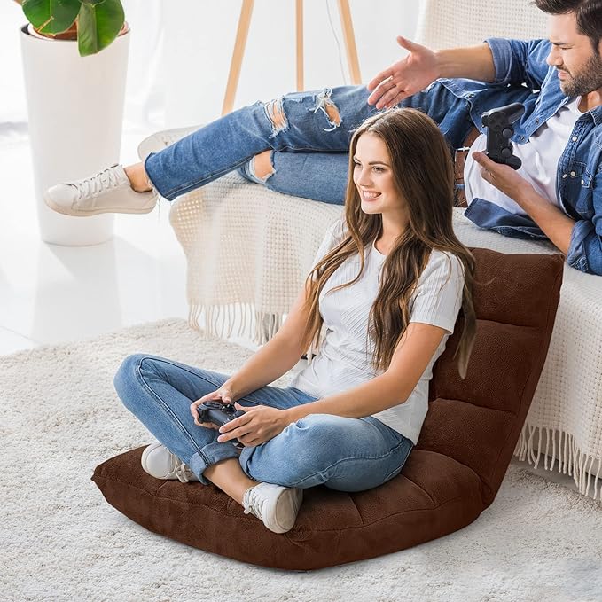Moccha 14-Position Floor Chair Folding Sofa Chair with Back Support Memory Foam Floor Gaming Chairs for Adults Adjustable Padded Couch Recliner Sleeper Bed for Reading Meditating Brown