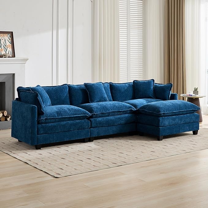 113.78 Modular Cloud Couch Sectional L Shaped Modular Sectional Sofa with Movable Ottoman and Throw Pillows Comfy Chenille Fabric Deep Seat Cloud Sofa Couches for Living Room (Blue3-Seater)