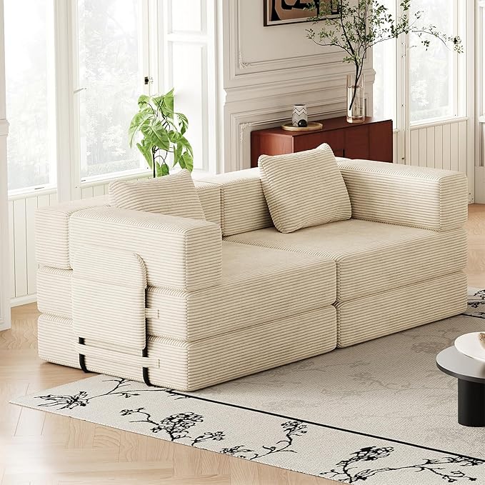 KINFFICT 72 inch Sectional Sleeper Sofa Modular Futon Folding Loveseat Floor Sofa Bed Convertible Comfy Corduroy Memory Foam Couch Bed with Side Pockets for Guest Room Bedroom Living Room Beige