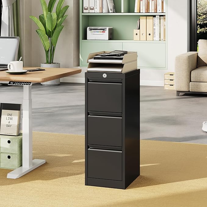 3-Drawer Lateral File Cabinet with Lock Heavy Duty Metal Filing Cabinet for Letter/Legal/A4/F4 Documents Space-Saving Vertical Office Storage Organizer for Home Office Easy Assembly Black