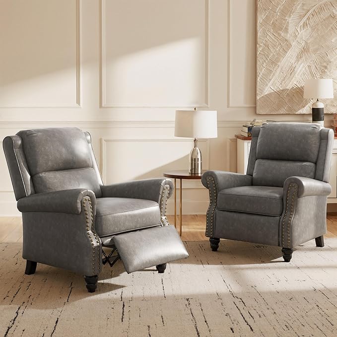 Pushback Recliner Chairs Set of 2 Faux Leather Wingback Recliner Chair Upholstered Push Back Armchair Recliner Single Sofa with Trim Wood Legs for Living Room (PU Gray)