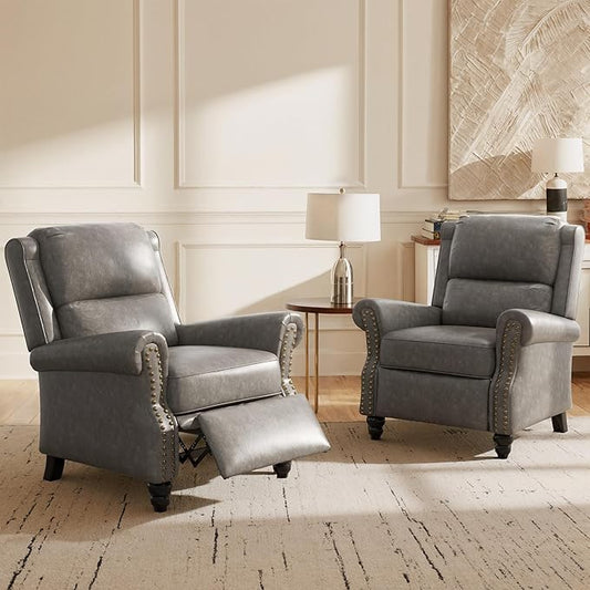 Pushback Recliner Chairs Set of 2 Faux Leather Wingback Recliner Chair Upholstered Push Back Armchair Recliner Single Sofa with Trim Wood Legs for Living Room (PU Gray)