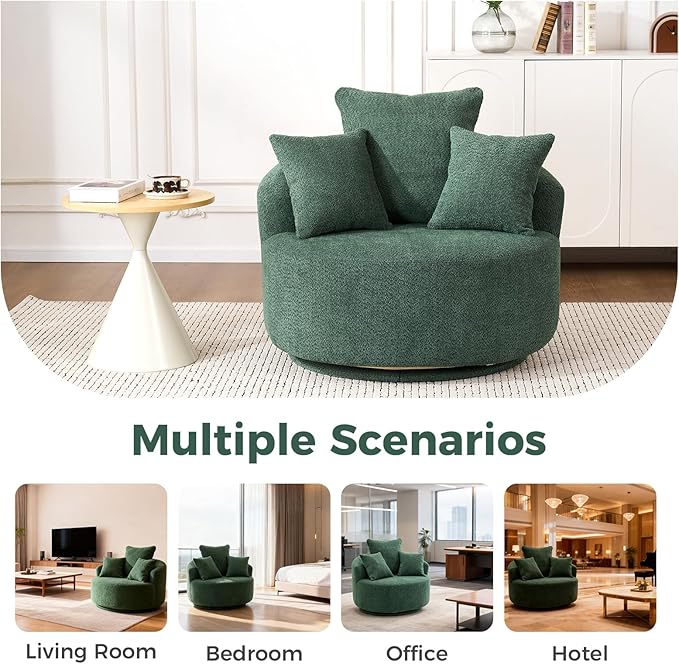 360°Swivel Accent Barrel Chair - 38.6W Boneless Oversized Upholstered with 3 Removable Pillows High-Resilience Sponge &amp Tuck Stitch Fabric Comfy Round Sofa Chair for Living Room Bedroom Apartm