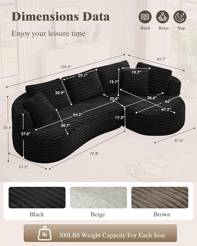121 inch Boneless Cloud Modular Sectional Couch Wide Curved L Shaped Sofa with Chaise | Corduroy Fabric | Compressed Foam Sofa for Living Room | No Assembly Black