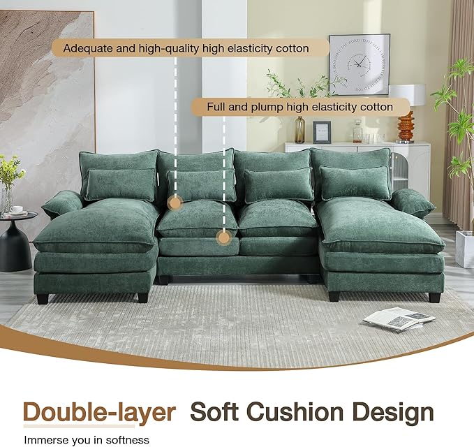110.2 Modular U Shaped Cloud Couch Modern 4-Seat Chenille Upholstery Sectional Sofa with Double Chaise &amp Double Layer Cushions Deep Seat Comfy Couch for Living Room Bedroom Apartment Green