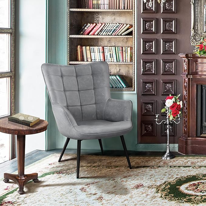 Topeakmart Living Room Chair Accent Faux Leather Chair with Biscuit Tufted Accent Chair with Tapered Legs for Living Room Bedroom Gray