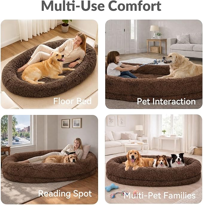 71x44x12.5 Human Dog Bed for Adult Faux Fur Washable Human Dog Bed Portable Handle Egg Orthopedic Foam Human Bed Extra Large with Present Blanket Brown