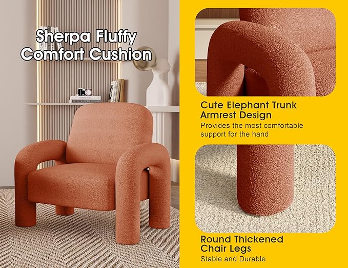 Modern Sherpa Accent Chair Teddy Upholstered Arm Single Sofa Cozy Fluffy Reading Chair for Living Room Bedrooms Corner (Orange)