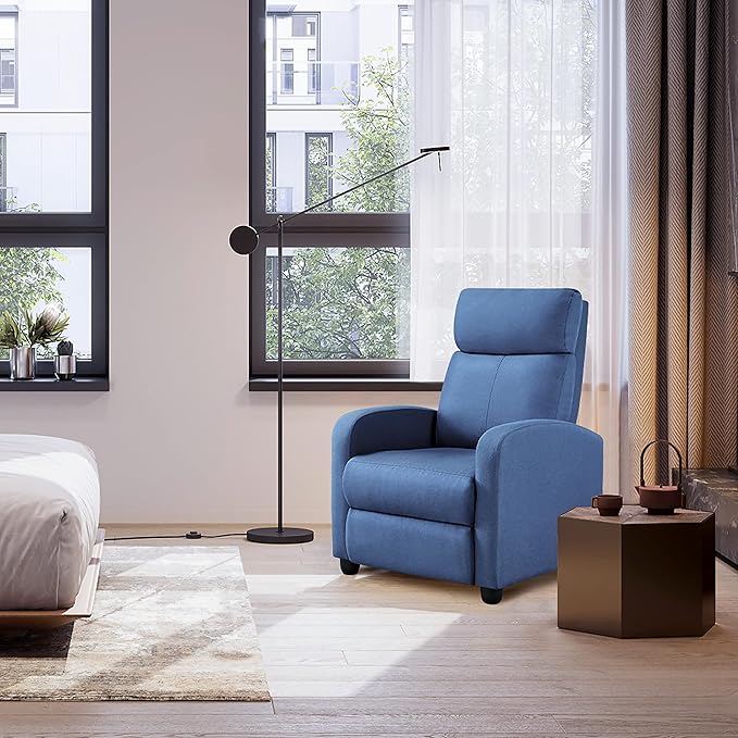 Yaheetech 2-Seat Fabric Pushback Recliner Chair with Thick Seat Cushion and Backrest Reclining Chair for Living Room Home Theater Light Blue