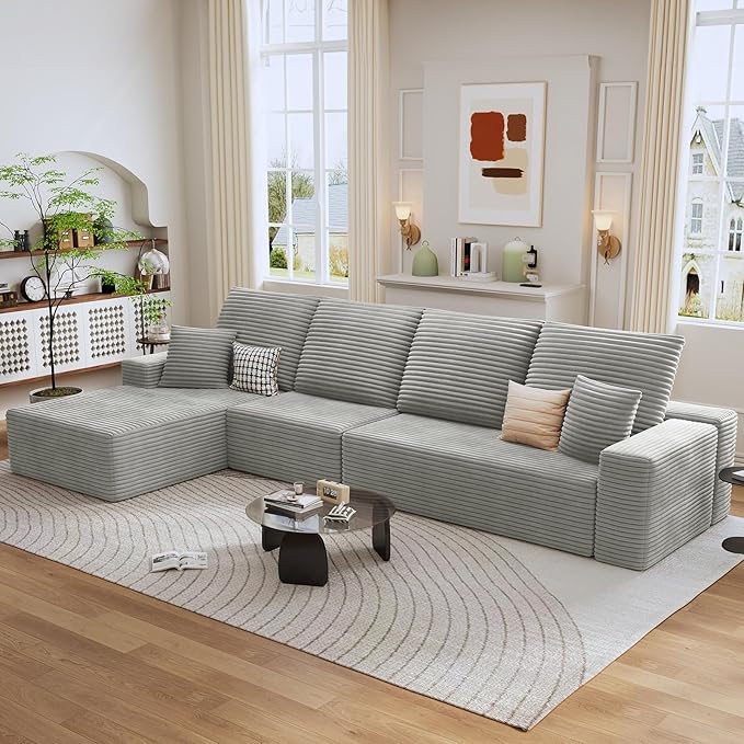 135 Modular Sectional Sofa Modern Corduroy L Shaped Cloud Couch with Chaise Lounge Boneless Upholstered Couches with Deep Seat for Living Room No Assembly Required (Grey Left Facing Chaise)
