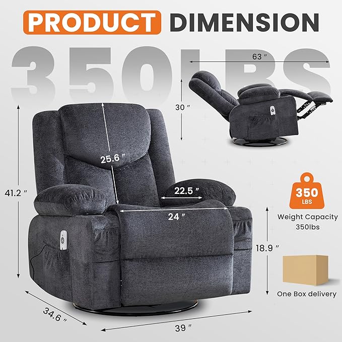 Swivel Recliner Chair for AdultsOversized Rocker Recliner with Massage and Lumbar HeatRocking Chair with Side Pocket2 Cup Holdersfor Living Room