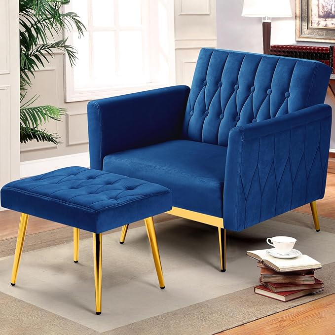 Velvet Accent Chair with Adjustable Armrests and Backrest Button Tufted Lounge Chair Single Recliner Armchair with Ottoman and Pillow for Living Room Bedroom Blue