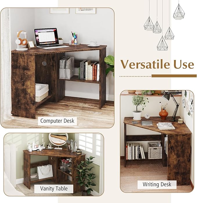 Giantex Corner Desk Space-Saving Triangle Computer Desk with Storage Shelves &amp CPU Stand Modern Makeup Vanity Table for Bedroom Writing Desk for Small Spaces (Rustic Brown)