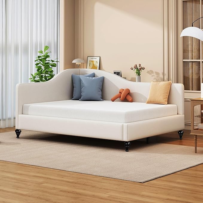 Merax Full Size Bed Frame daybed L-Shaped Linen Daybed Corner Sofa with Solid Wood Legs for Living Room Guest Room No Box Spring Needed Beige