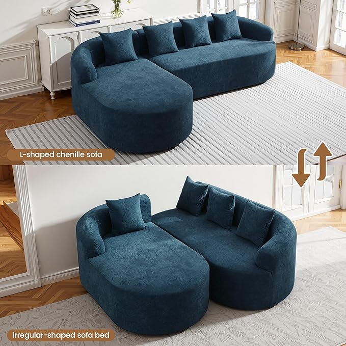 Boneless L Shaped Sofa Couch Oversized Sectional Curved Cloud Sofa with Chaise Lounge Chenille 4 Seats Deep Seat Couches for Living Room No Assembly Blue