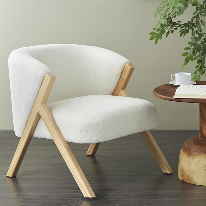 Deco 79 Polyester Living Room Accent Chair Rounded Boucle Side Chair with Angled Wooden Legs Corner Chair 27 x 26 x 28 White