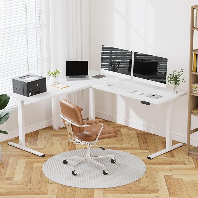 SANODESK Electric Corner L-Shaped 71 x 63 in Standing Desk Memory Height Adjustment White Top White Frame