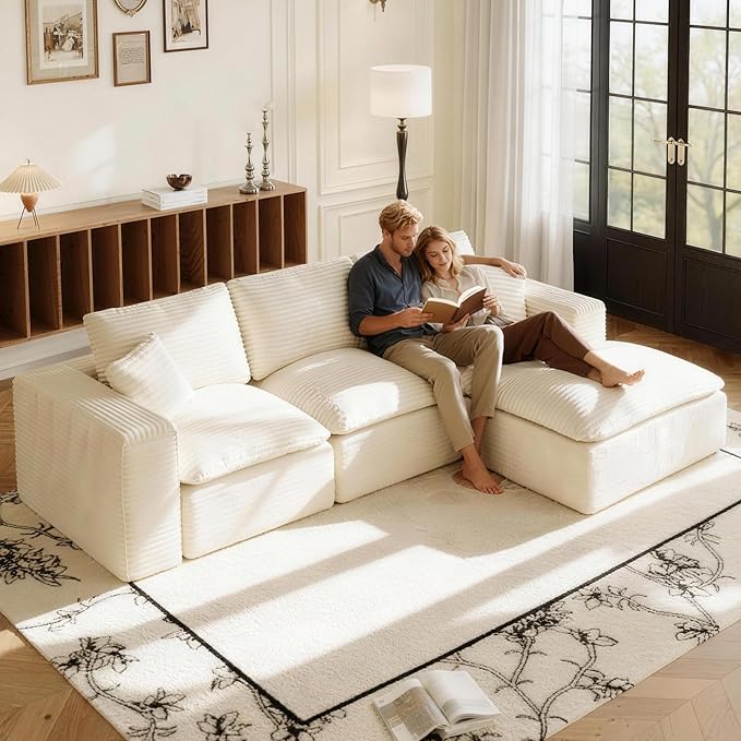 108'' Modular Sectional Sofa with Ottoman Corduroy Cloud Sectional Couches for Living Room High-Back Modern L Shaped Boneless Couch Deep Seat 3 Seater Sofa No Assembly Required Beige