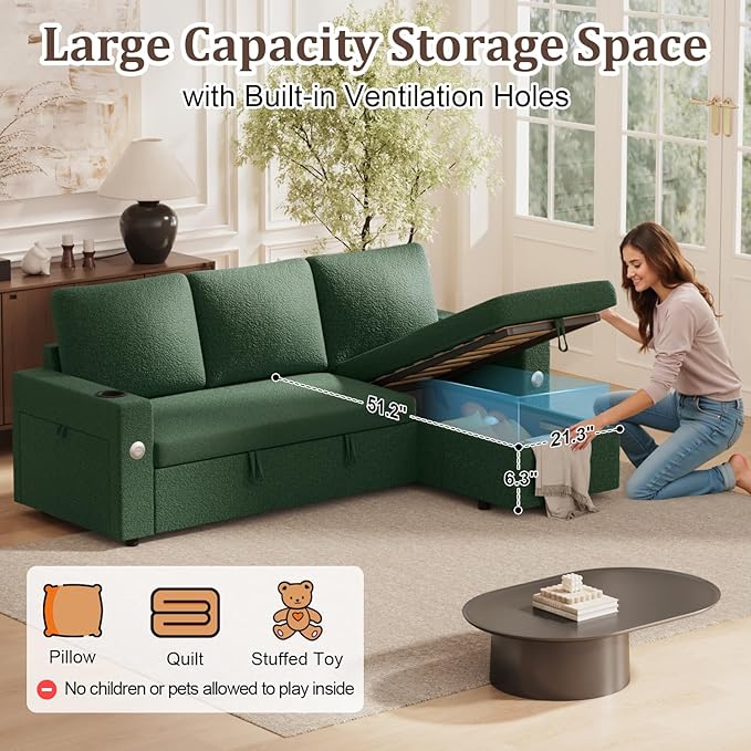 Sleeper Sofa Bed 4-in-1 Pull Out Couch with Reversible Chaise | Dual USB &amp Type-C Charging | Dual Cup Holders | Layered Storage (Armrest + Chaise) for Living Room (Classic Green)