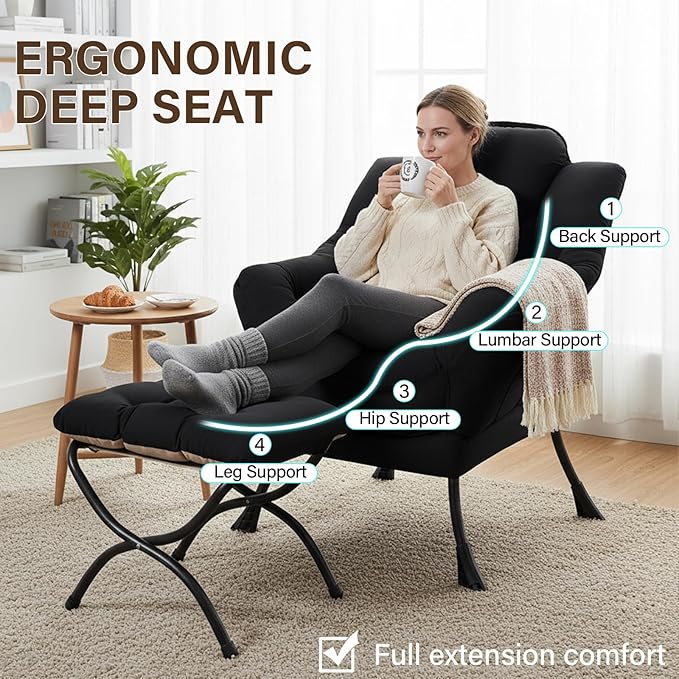 Welnow Lazy Chair with Ottoman Modern Accent Chair with Armrests and a Side Pocket Leisure Sofa Armchair Set Reading Armchair with Footrest for Small Space Black