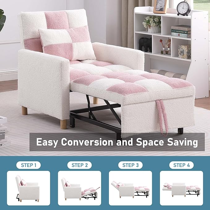 Convertible Sleeper Sofa Chair 3 in 1 Multi-Function Folding Ottoman Couch Sigle Pull-Out Bed with Adjustable Backrest and Pillow for Living Room Apartment Office Pink&ampWhite
