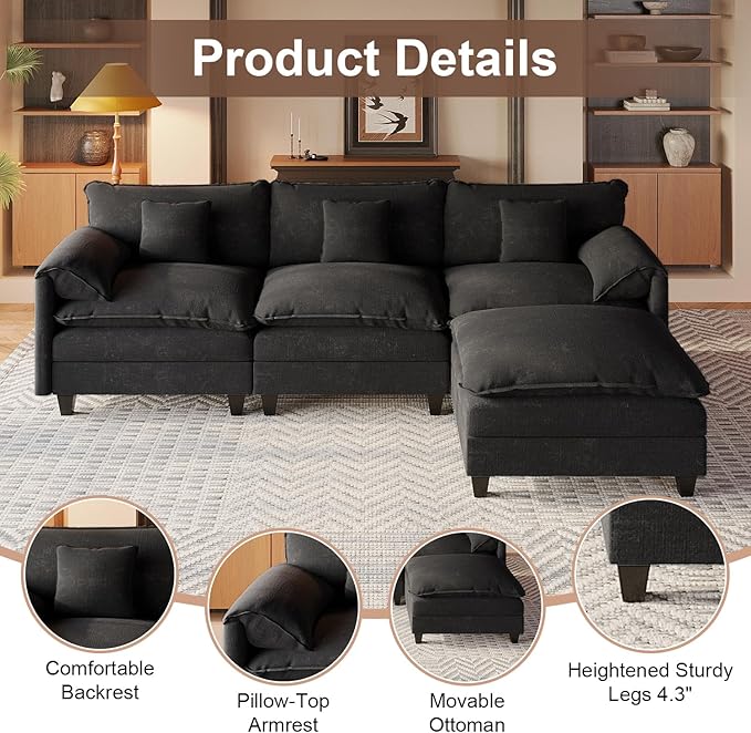 108“ Modular Sectional Sofa with Movable Ottoman Plush Double-Layer Cushion Cloud Couch with USB Charging Ports &amp Side Storage Pockets Chenille L Shaped Modern Sofa Couches for Living Room Blac
