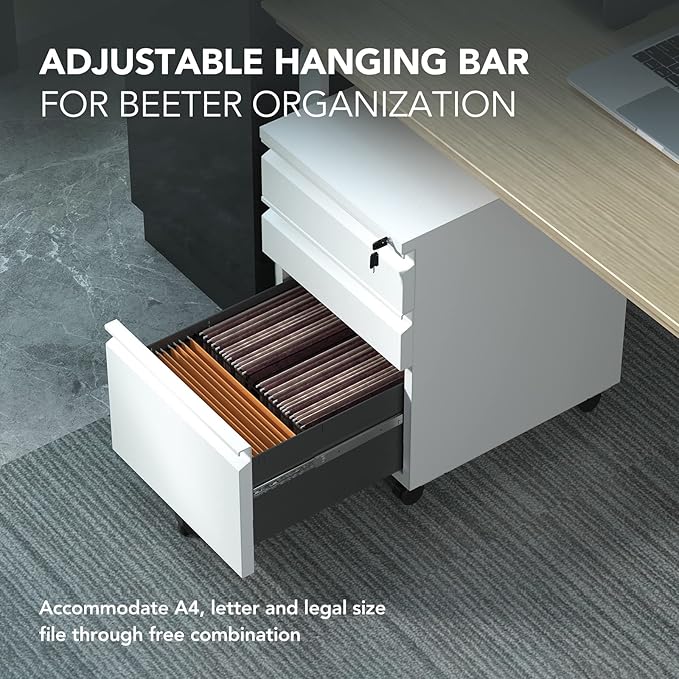 FLEXISPOT Mobile File Cabinet for Home Office Under Desk Storage with Lock Keys 3 Drawer File Cabinet for Legal/Letter/A4 File White