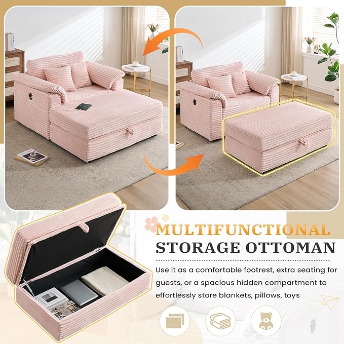 Oversized Chaise Lounge Chair with Storage Ottoman &amp USB Ports Fluffy Corduroy Cloud Couch Sleeper Sofa Bed with Arm Rest Comfy Overstuffed Sofa Chair Set for Living Room Bedroom (Pink)
