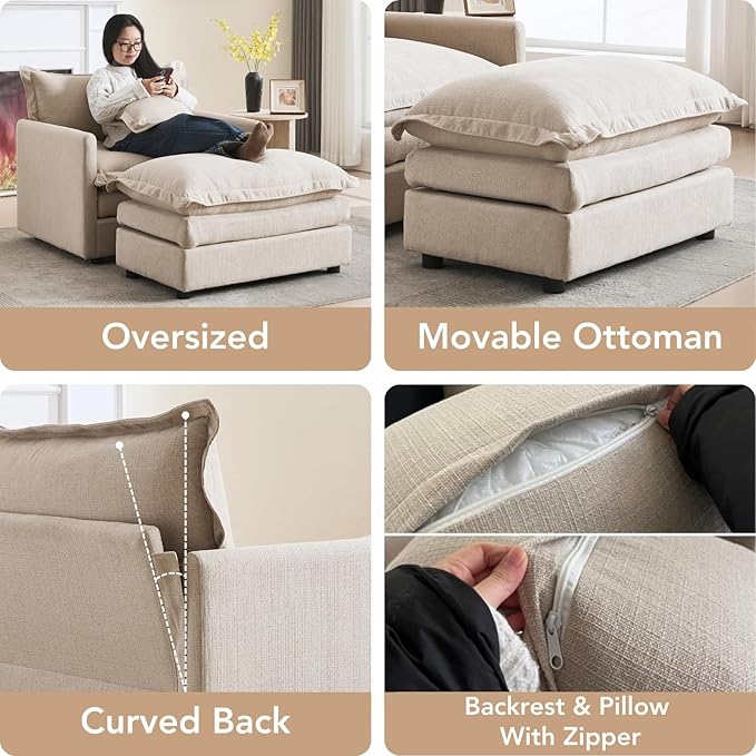 chairus Oversized Chair with Ottoman Modern Linen Upholstered Single Sofa Living Room Chair Comfy Reading Accent Chair Armchair Chaise Lounge Chair Indoor for Bedroom Oatmeal Beige