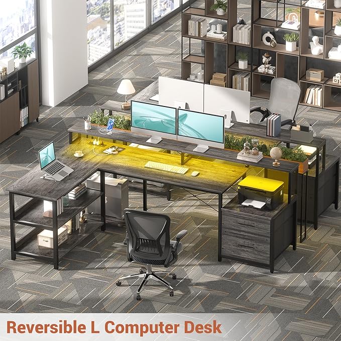 Aheaplus L Shaped Desk with File Drawer 72.8 Reversible L Shaped Computer Desk with Power Outlet &amp LED Strip Gaming Desks with Monitor Stand Corner Office Desks with Storage Shelf Grey Oak