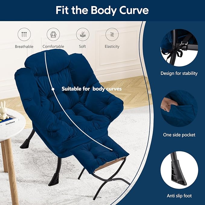 Lazy Chair with Folding Ottoman Modern Large Accent ChairContemporary Lounge Leisure Sofa Chair with Armrests Upholstered Sofa Armchair Reading Chair for BedroomDorm &amp Office(Navy-f)