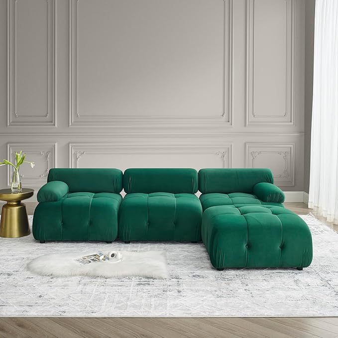 Bellemave L-Shape Sofa Couch Modular Sectional Sofa with Reversible Ottoman Velvet Upholstered Free Comnination Couch with Button Tufted Design Modern Oversized Couch for Living Room (Green)