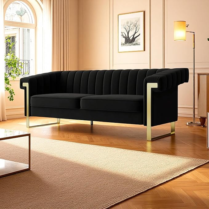 KEIKI 84 Velvet Sleek Channel-Tufted Sofa with Armrest and Back Cushions Minimalist Style Gold Accents 3-Seater Upholstery Couch with Solid Legs Easy Assembly for Living Room Apartment Black