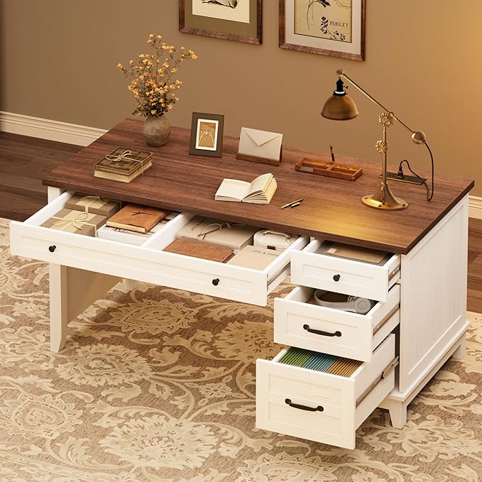 GAOMON 54.5in Wooden Executive Desk with Drawers Office Desk Computer Table with Charging Station Farmhouse Home Office Desk with File Cabinet Storage for Study and Home Office White Walunt