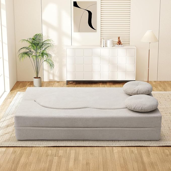 Folding Futon Sofa Bed Modern Convertible Fold Out Chenille Cloud Memory Foam Boneless Floor Lounge Loveseat Sleeper Mattress Sofa Couch with 2 Pillows for Guest Room Living Room Office Beige