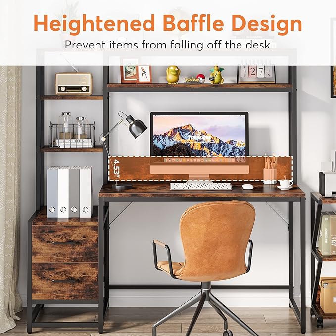 Tribesigns 55 Inch Computer Desk with 2 Drawers and Storage Shelves Rustic Office Desk with Hutch Study Writing Gaming Table Laptop Workstation for Home Office (Brown)