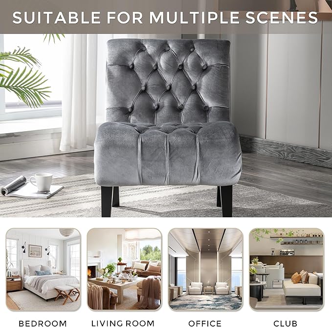 Modern Armless Living Room Chair/Leisure ChairUpholstered Fabric Button Comfortable Chair with Wooden Legs for Bedroom Living Room Office (Silver)