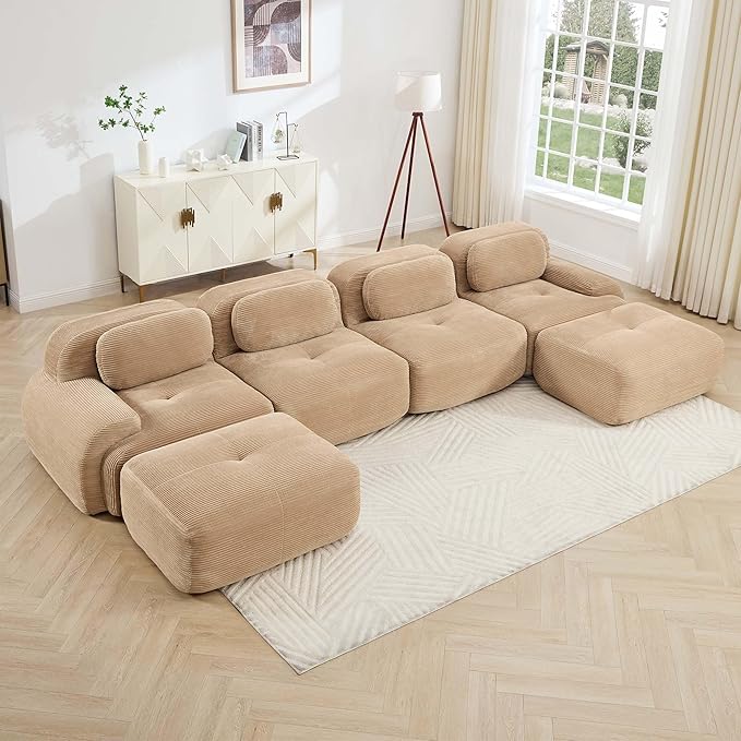 153 Boneless Couch28 Feep Seat Pet-Friendly Corduroy Oversize Sectional Sofa with 2 Movable Ottomans 4 Seater Modular Cloud Couch for Living Rooms Apartments Leisure RoomsCamel