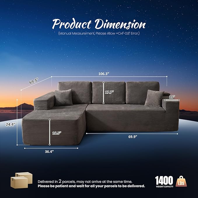 ovios 104 Cloud Boneless Couch with Glitter Fabric Moudular Sectional Sofa with Deep Seat No Assembly Required Modern Minimalist L Shaped Couches with Chaise for Living Room Grey