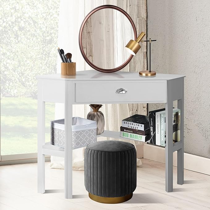 LDAILY White Corner Desk Triangle Makeup Vanity Desk for Small Space Compact Writing Desk with Storage Shelves &amp Drawer Space Saving Corner Computer Desk for Bedroom Home Office