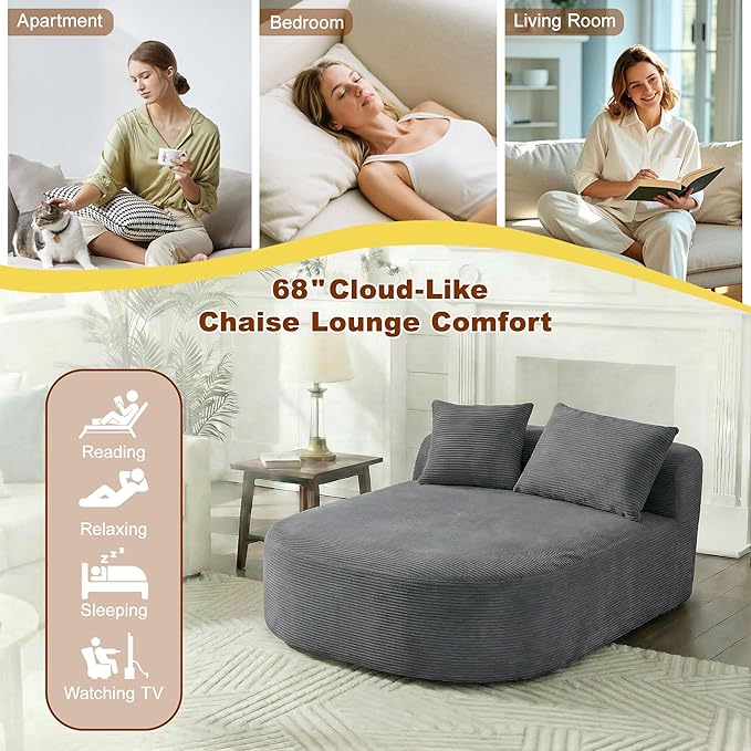 Chaise Lounge Chair Indoor 67.5 Oversized Boneless Couch Could Comfy Upholstered Sleeper Sofa Bed Corduroy Plush Modern Curved Floor Sofas Chair with 2 Pillows for Readng Living Room Bedroom Apartment