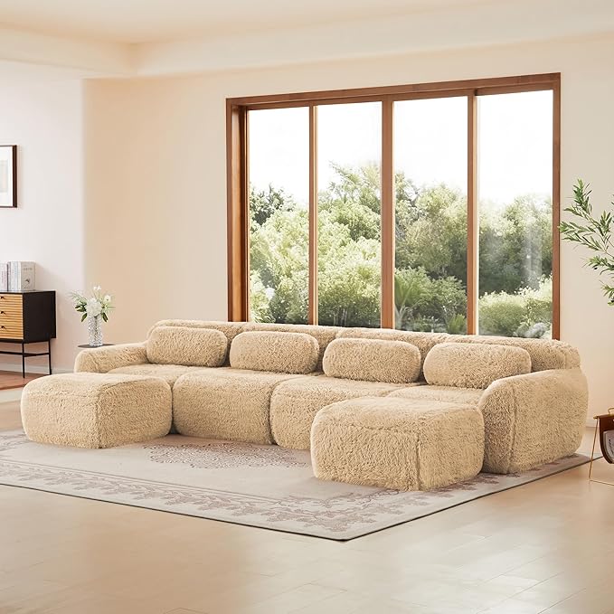 Boneless Couch Modular Sectional Sofa Comfy Cloud Couch No Assembly U Shaped Couches 149 Modern Sectional Couches for Living Room Deep Seat 4 Seater Couches Floor Sofas Anti-SlipKhaki