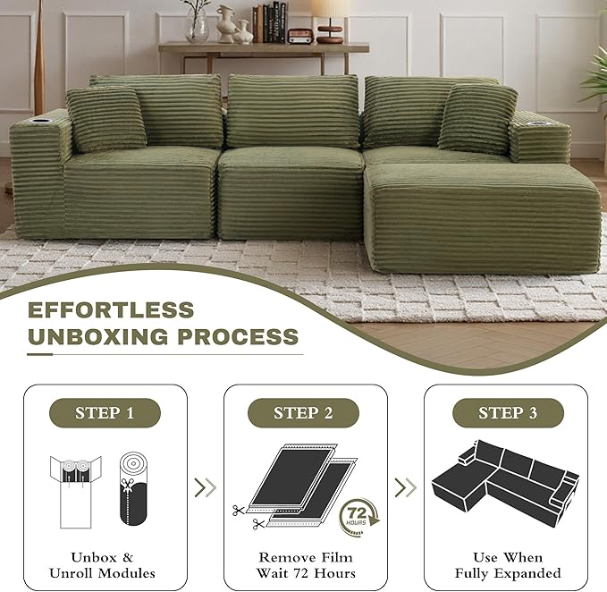 110”Modular Sectional SofaCloud Boneless Couch with Deep SeatModern Modular L-Shape Sofa Couch with 0ttomanUpholstered Couches for Living Room Bedroom (Green)