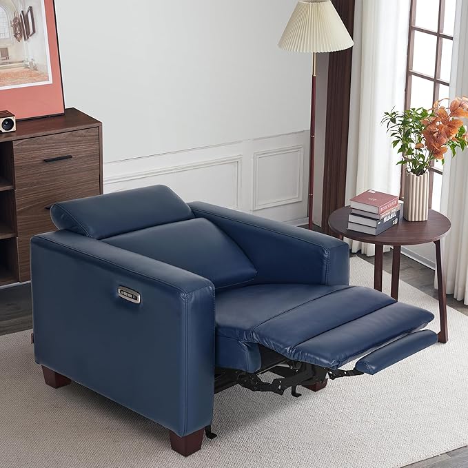 MCombo Zero Wall Recliner Chair Wall Hugger Power Recliner Chair with Power Headrest USB Charge Ports Wood Legs Modern Design for Living Room Small Spaces Faux Leather HL128 (Blue)
