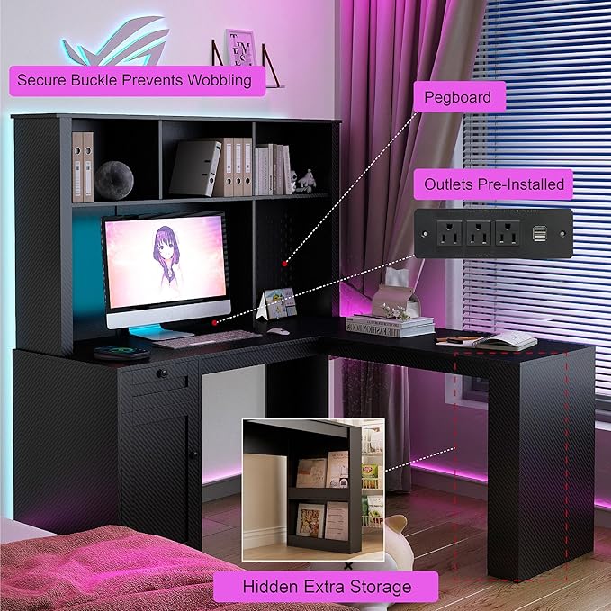 L Shaped Office Desk with Storage Drawers and Bookshelf Corner Computer Desk with Hutch and Charging Station Black