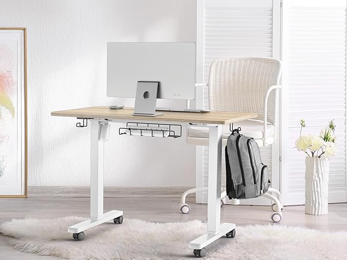 SHW 40-Inch Mobile Electric Height Adjustable Sit to Stand Desk with Drawer Hanging Hooks and Cable Management Maple