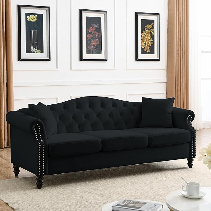 KEIKI 79 + 79 Chesterfield Sofa Retro Upholstered 3+3 Seater Velvet Couch with Rolled Arm and Nailhead for Living Room Bedroom Office Apartment Black